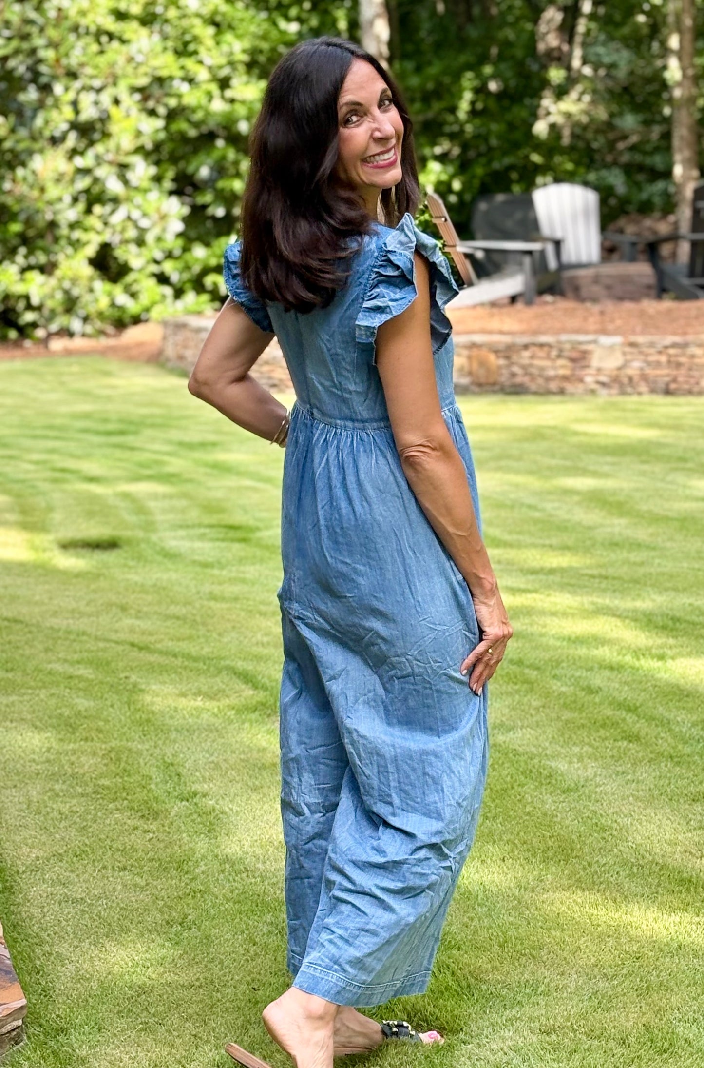 Denim ruffled short sleeve wide leg jumpsuit