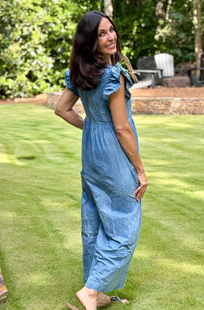 Denim ruffled short sleeve wide leg jumpsuit