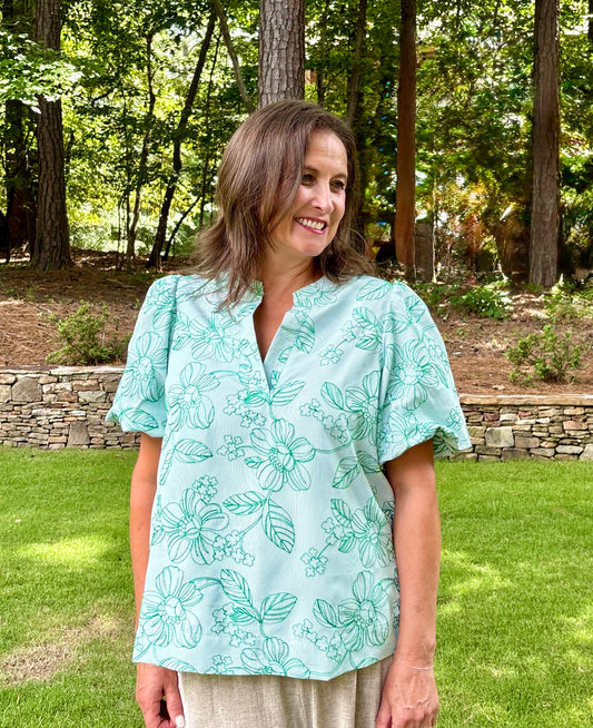 Two tone Green Embroidered Floral Blouse