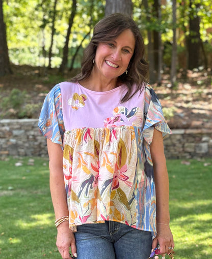 Boho Floral Flowy Short Sleeve Top