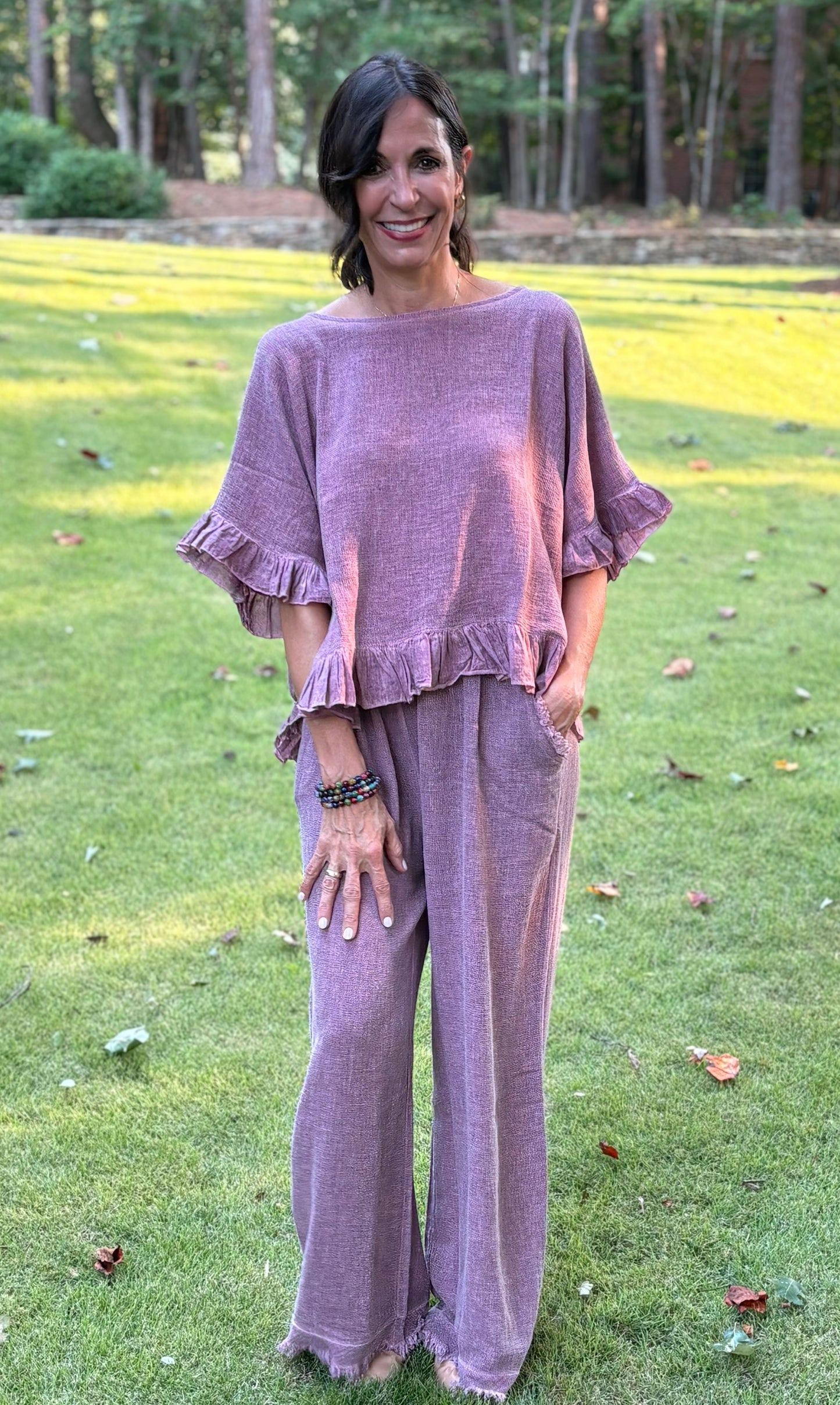 Italian Linen Ruffle Detail Short Sleeve top