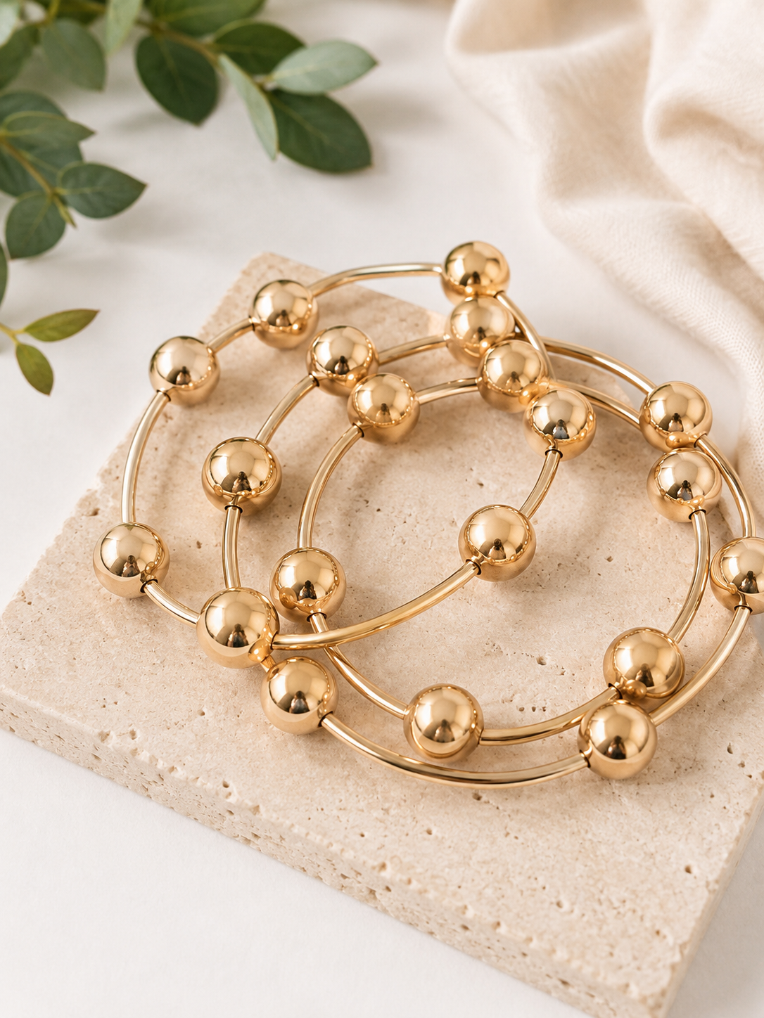 Gold Beaded 3-Piece Stretch Bracelet Set