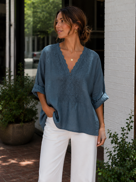 Navy Embroidered Linen Blend V-Neck Blouse