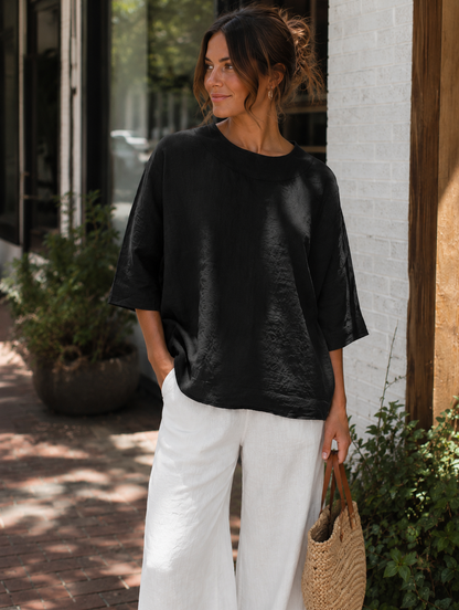 Linen Blend Oversized Round Neck Top / 2 colors