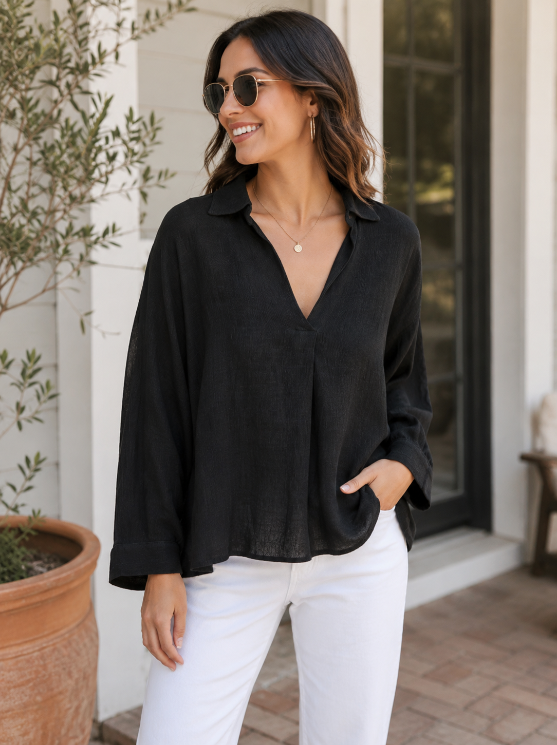 V Neck Relaxed Fit Linen Blouse