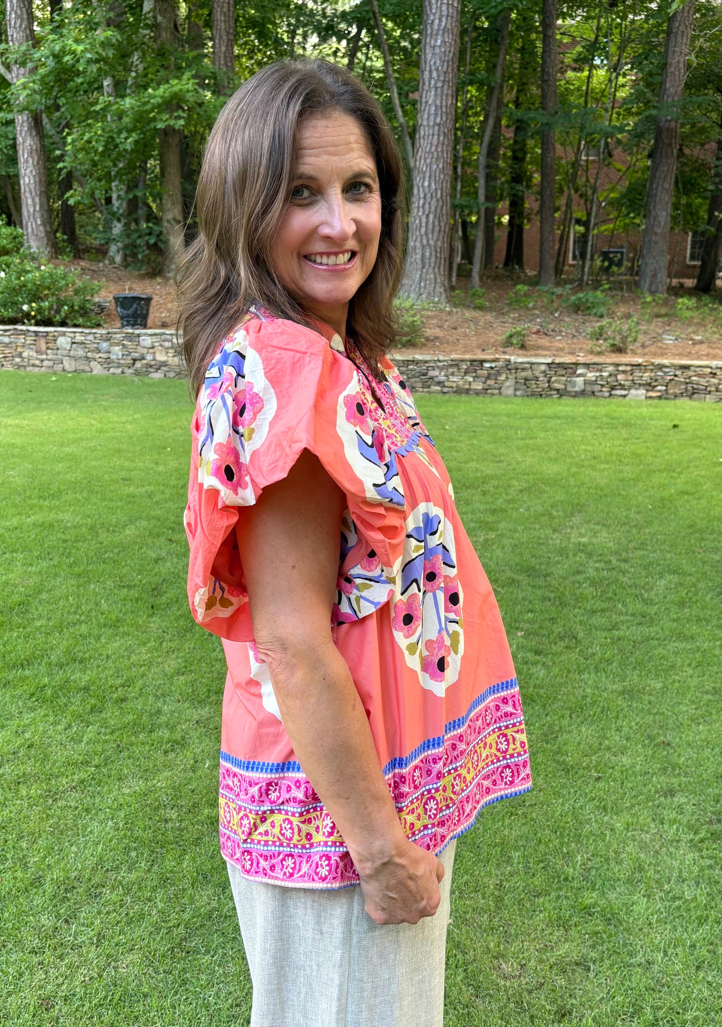 Coral Floral Border Embroidered Blouse