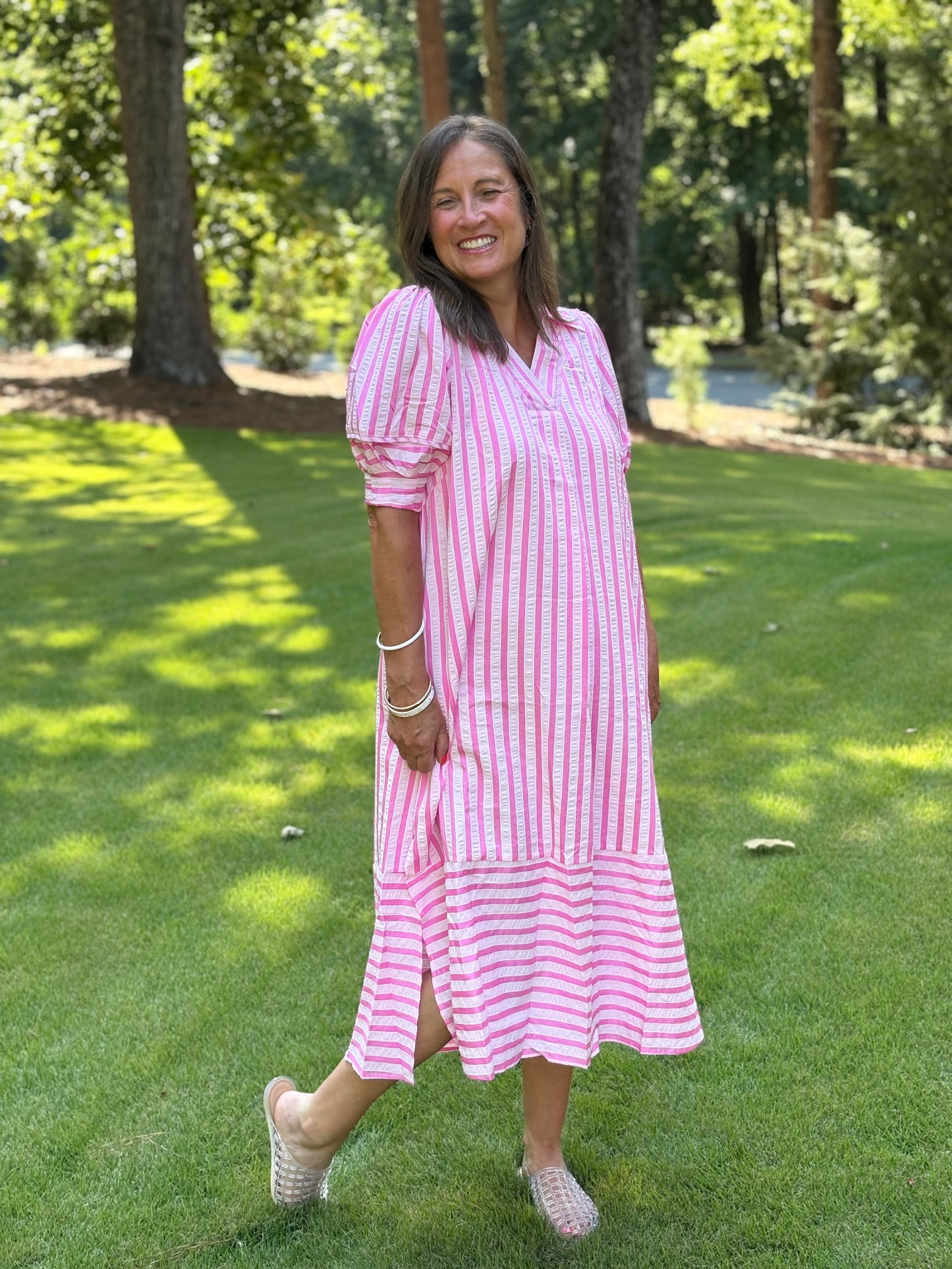 Striped Puff Sleeve Midi Dress