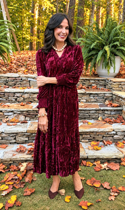 Umgee Burgundy Velvet Tiered Midi Dress