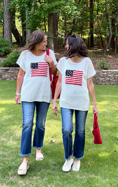 American Flag Crochet Knit Short Sleeve Sweater