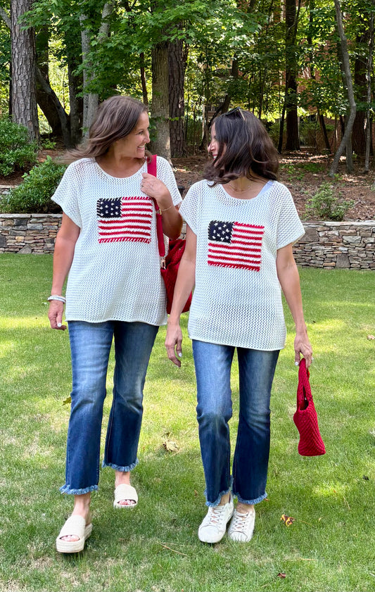 American Flag Crochet Knit Short Sleeve Sweater