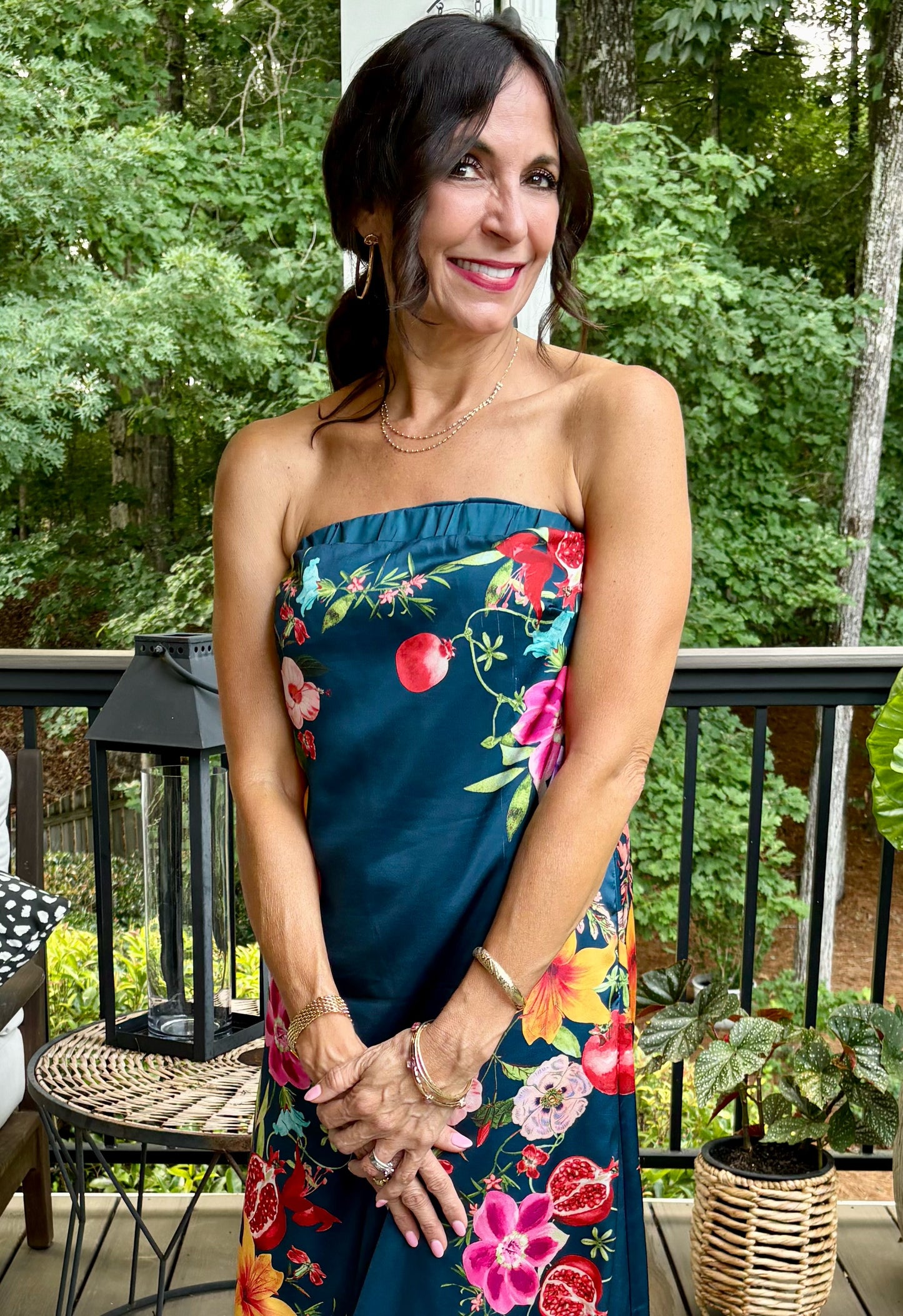 Tropical floral print strapless maxi dress