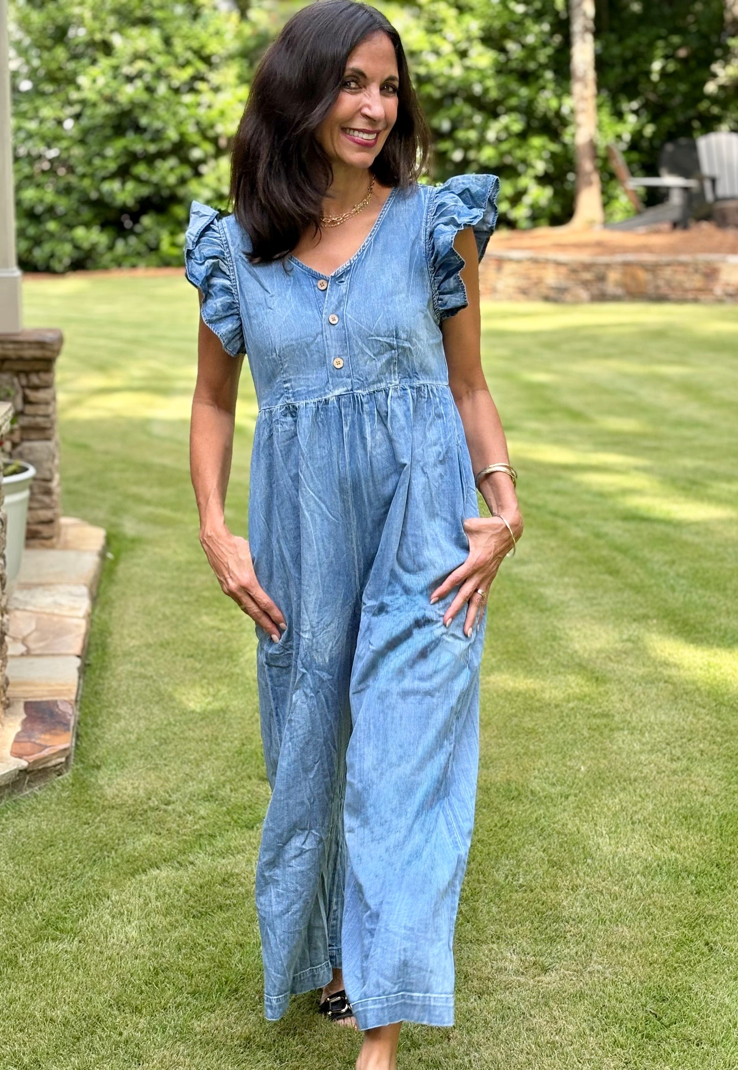 Denim ruffled short sleeve wide leg jumpsuit