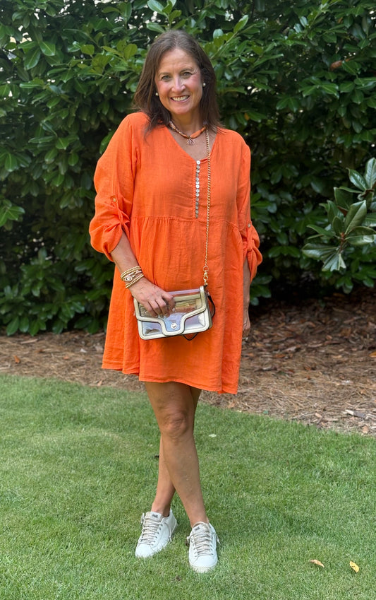 Rolled Sleeve Button V Neck Detail Linen Dress-5 colors