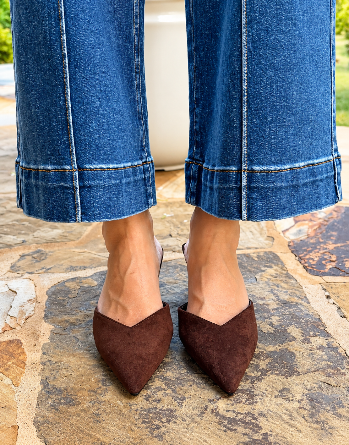Brown Faux Suede Pointed-Toe Kitten Heel Mules