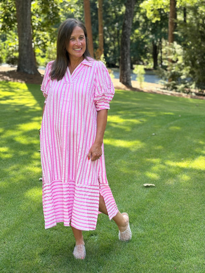 Striped Puff Sleeve Midi Dress