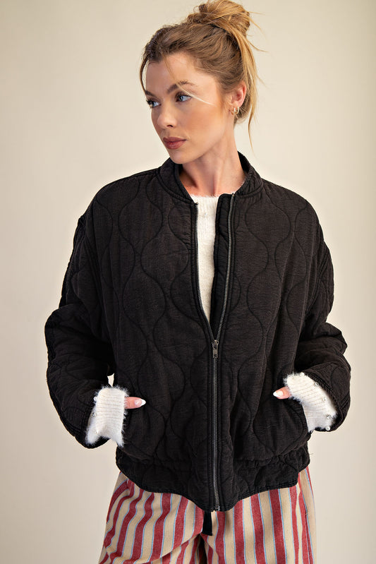 Black Quilted Bomber Jacket