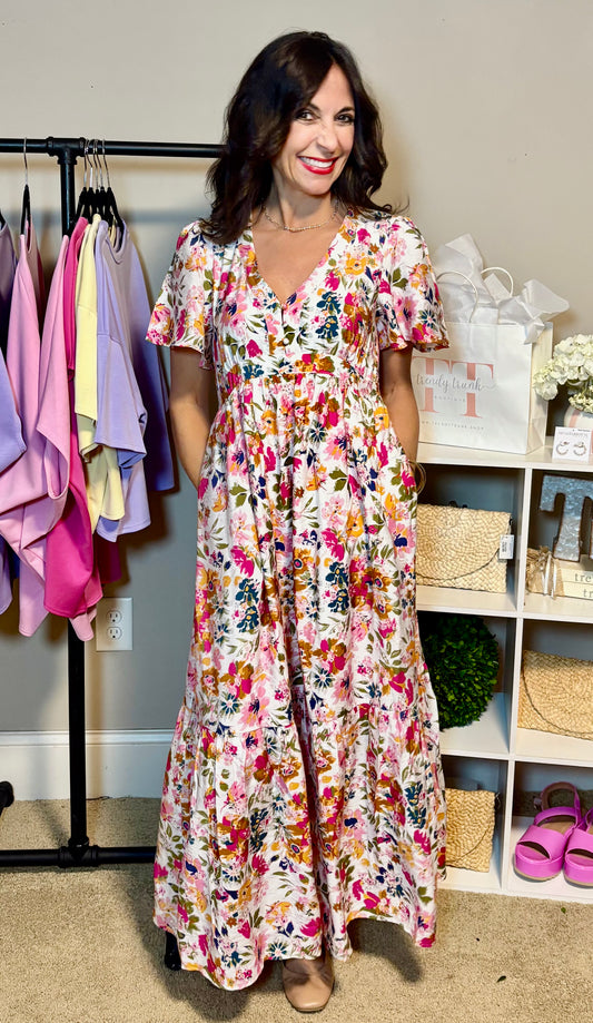 Floral Short Sleeve V Neck High Waist Maxi Dress