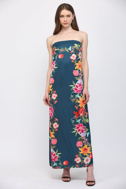 Tropical floral print strapless maxi dress