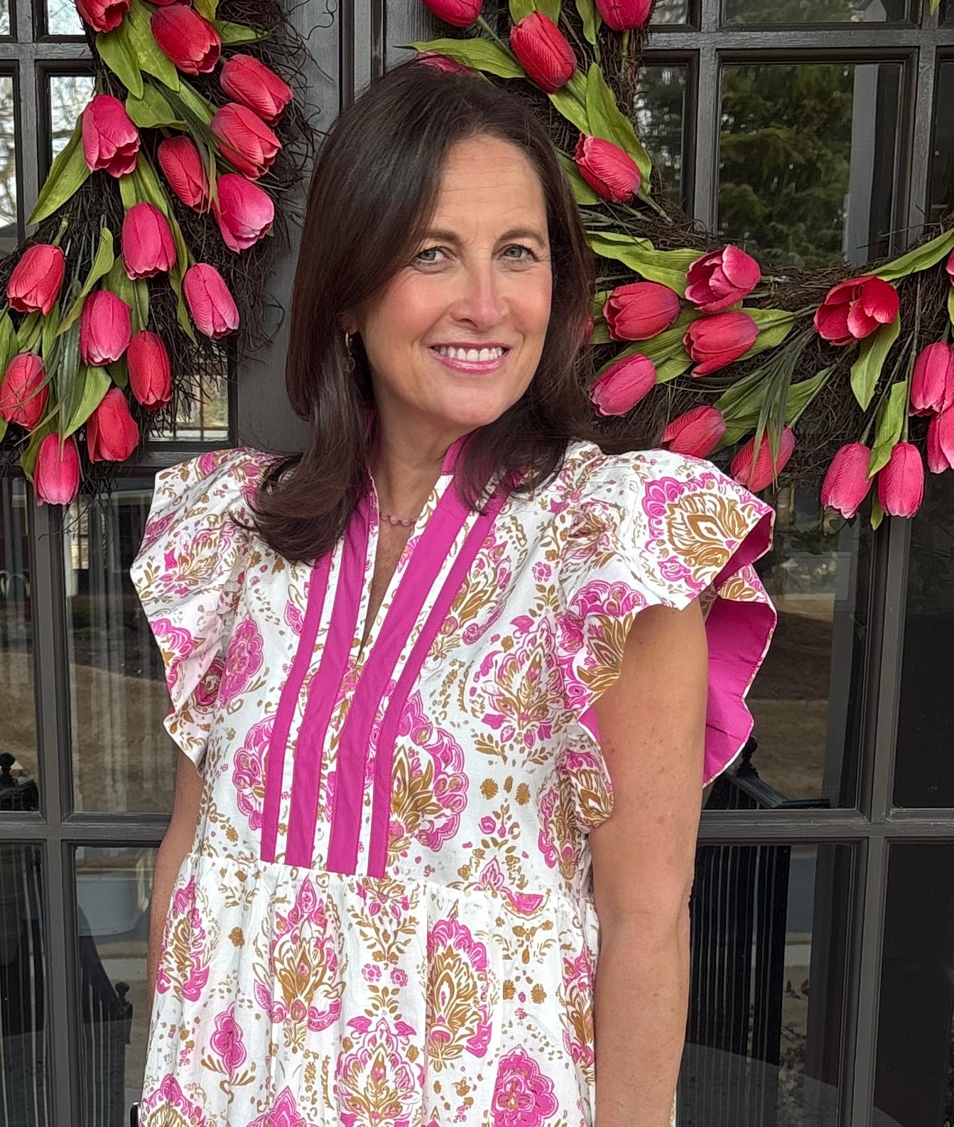 Pink Botanical print midi dress