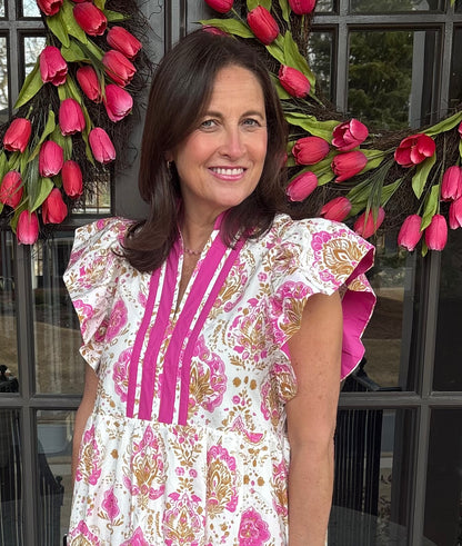 Pink Botanical print midi dress