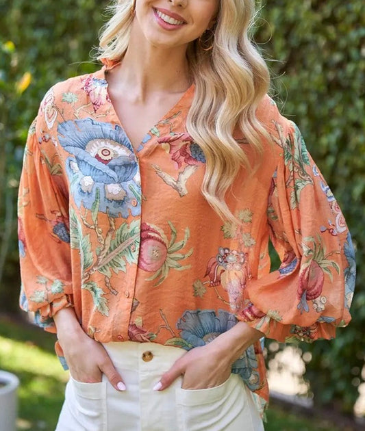 Coral Printed Button Down Top