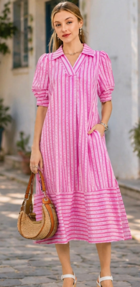 Striped Puff Sleeve Midi Dress