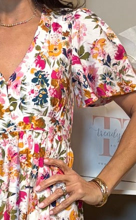 Floral Short Sleeve V Neck High Waist Maxi Dress
