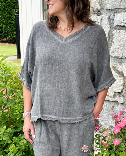 Italian Linen V Neck Fringe Short Sleeve top /  7 colors