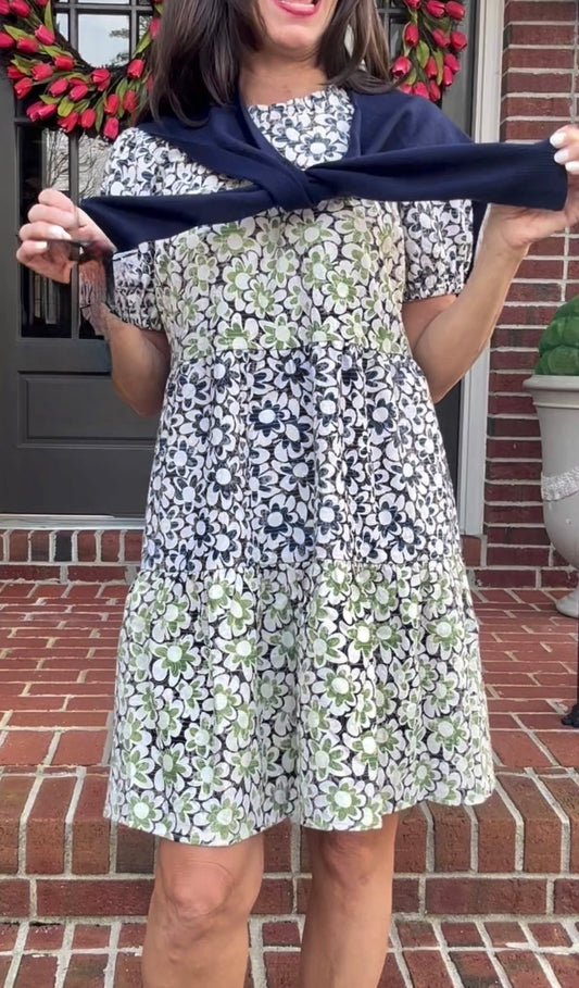 Contrasting floral embroidered tiered dress