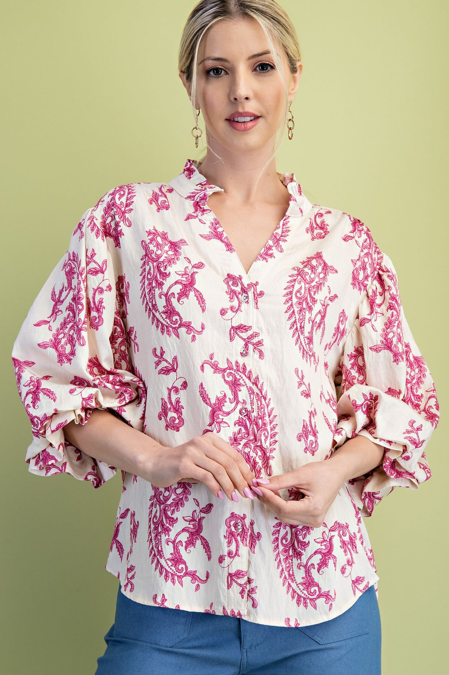 Paisley FUCHSIA Button Front Blouse