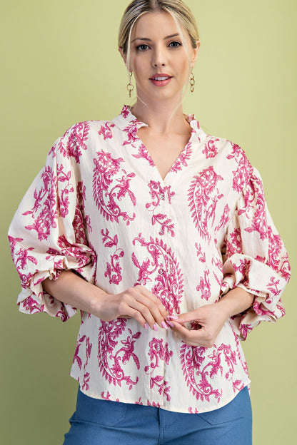 Paisley FUCHSIA Button Front Blouse