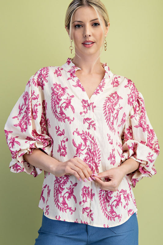Paisley FUCHSIA Button Front Blouse