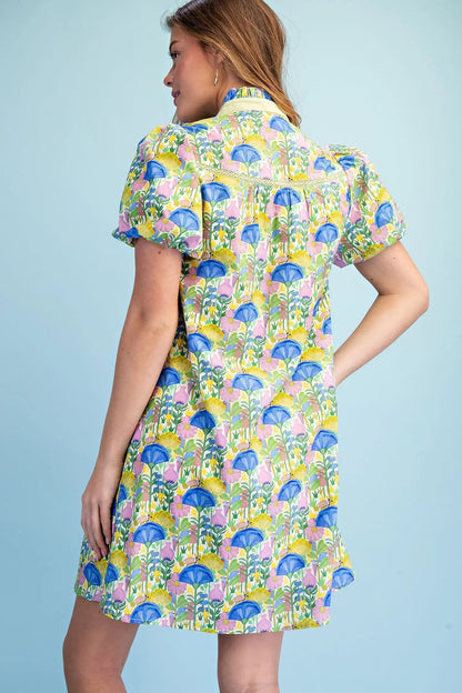 Printed Notch Neck Dress with Lace Trim Details and a Ruffled Neck