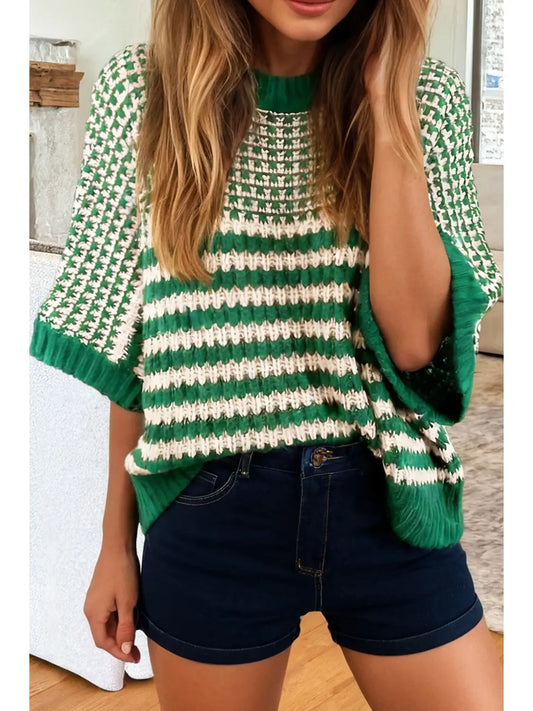 Green Stripe 3/4 Draped Sleeve Loose Fit Sweater