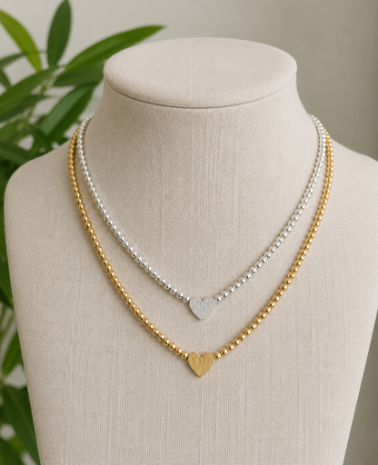 Mini Heart Beaded Necklace / Gold or Silver
