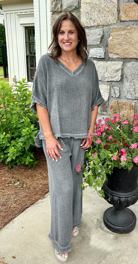 Italian Linen V Neck Fringe Short Sleeve top /  7 colors
