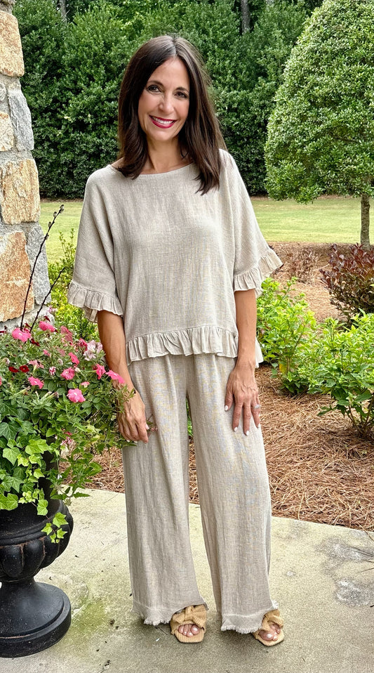 Italian Linen Ruffle Detail Short Sleeve top /  7 colors