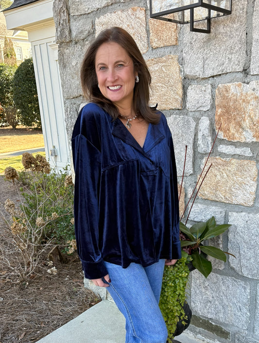 Crushed Velvet Midnight Navy Tunic Blouse