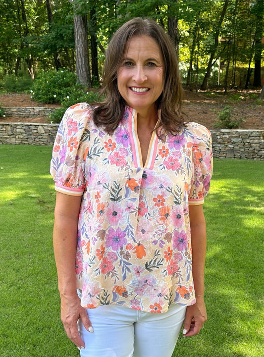 Floral High-Collar Split Neck Blouse