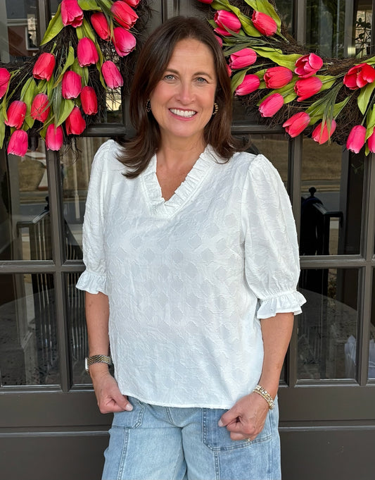 Ruffled V neck Diamond Textured Top