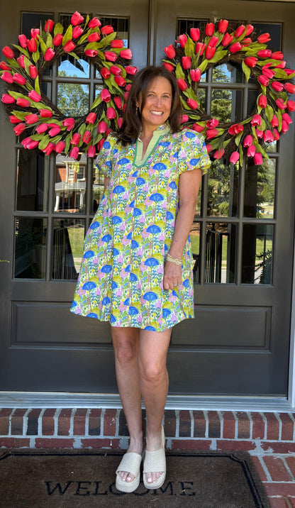 Printed Notch Neck Dress with Lace Trim Details and a Ruffled Neck