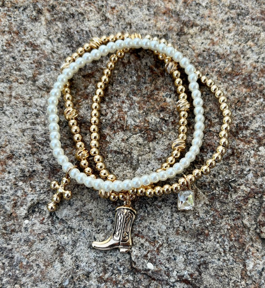 Water Resistant Set of 3 Pearl and Cowboy Charm Stretch Bracelets