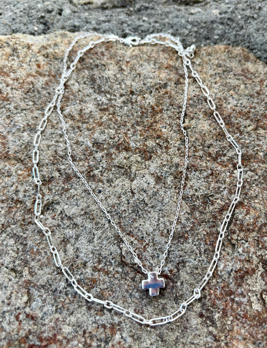 Water Resistant Layered Silver Cross Shape Charm and Chain Necklace