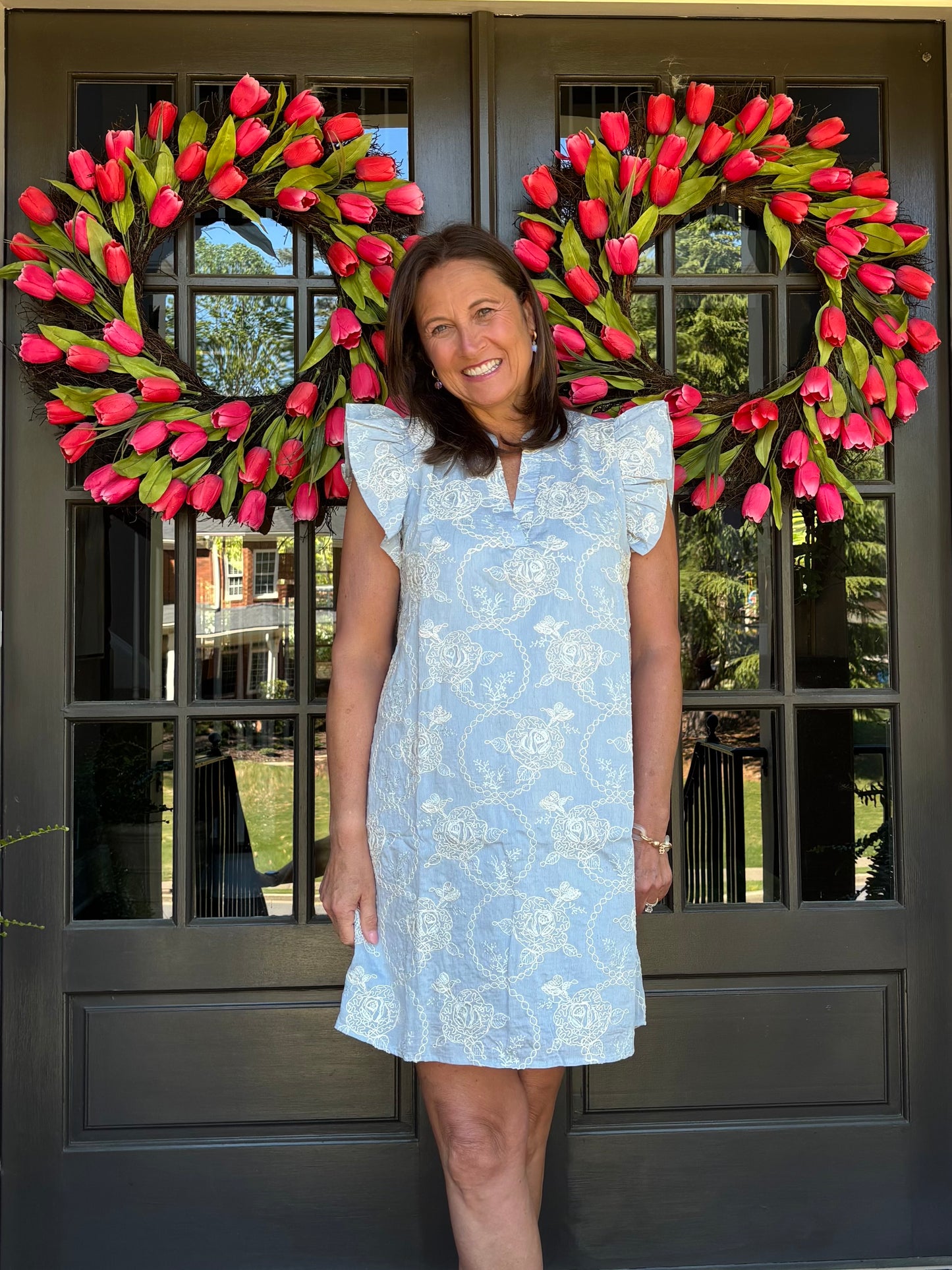 Embroidered V neck Dress with ruffled sleeves