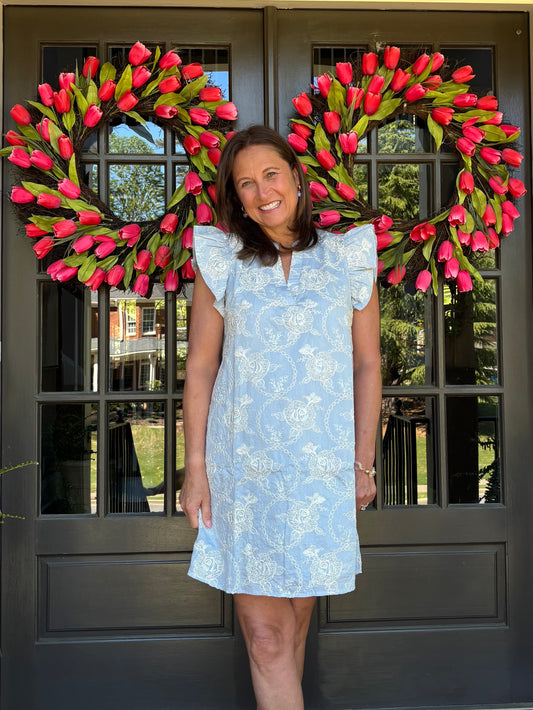 Embroidered V neck Dress with ruffled sleeves