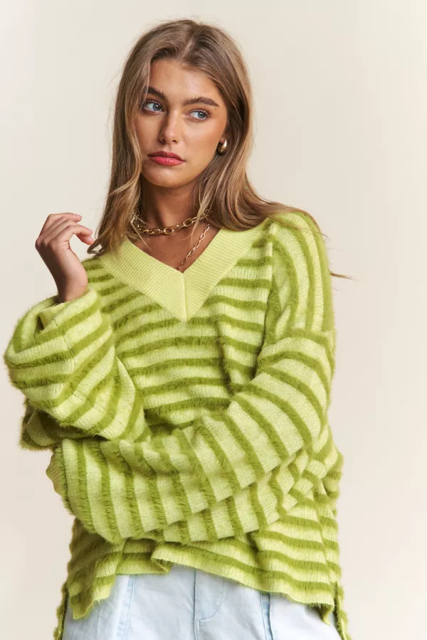 Green Stripe Fuzzy V Neck Sweater