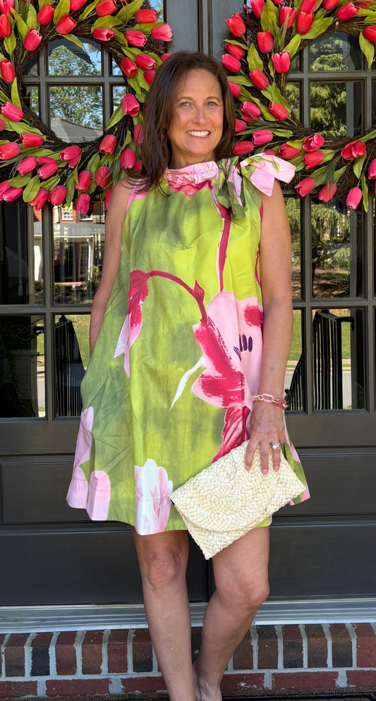 Tie Ruffle Neck Sleeveless Floral Print Dress