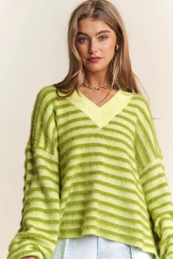 Green Stripe Fuzzy V Neck Sweater