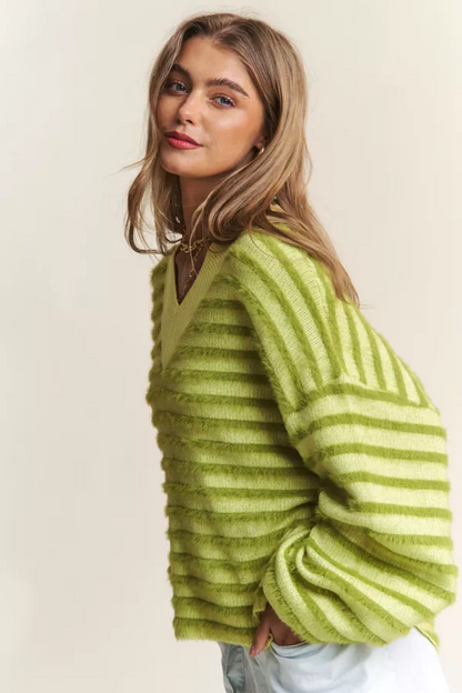 Green Stripe Fuzzy V Neck Sweater