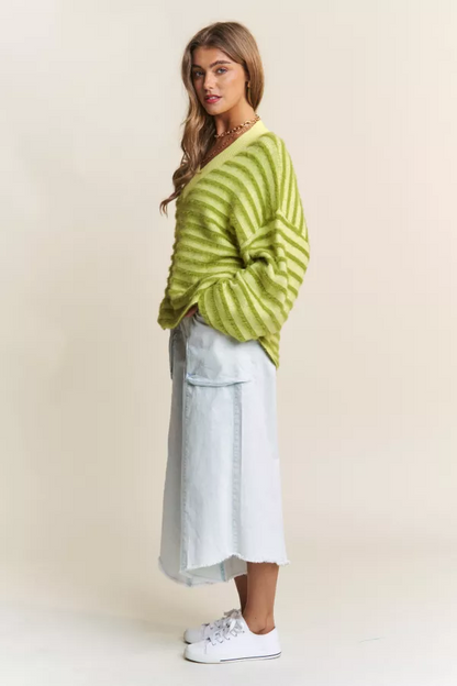 Green Stripe Fuzzy V Neck Sweater